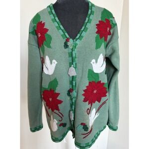 Vtg‎ Storybook Knits Cardigan Sweater 3X Christmas Embroidered Poinsettia - Read